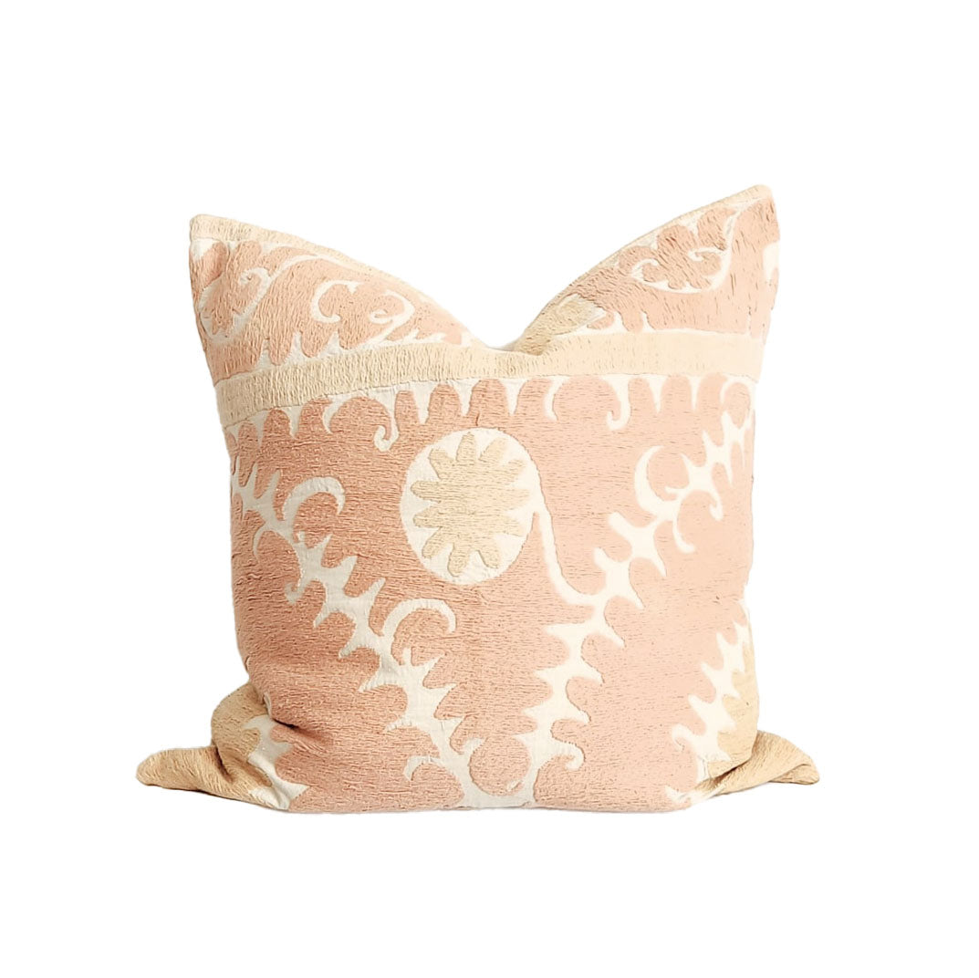 Azra Pastel Peach Beige Boho 22 Pillow Cover with Uzbek Embroidered Suzani Pattern Handmade Quick Ship