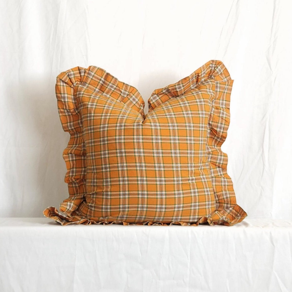 Burnt Orange Throw Pillow Cover 20x20 Plaid Pillow Ruffle Farmhouse Pillow Cotton Dusk Bloom