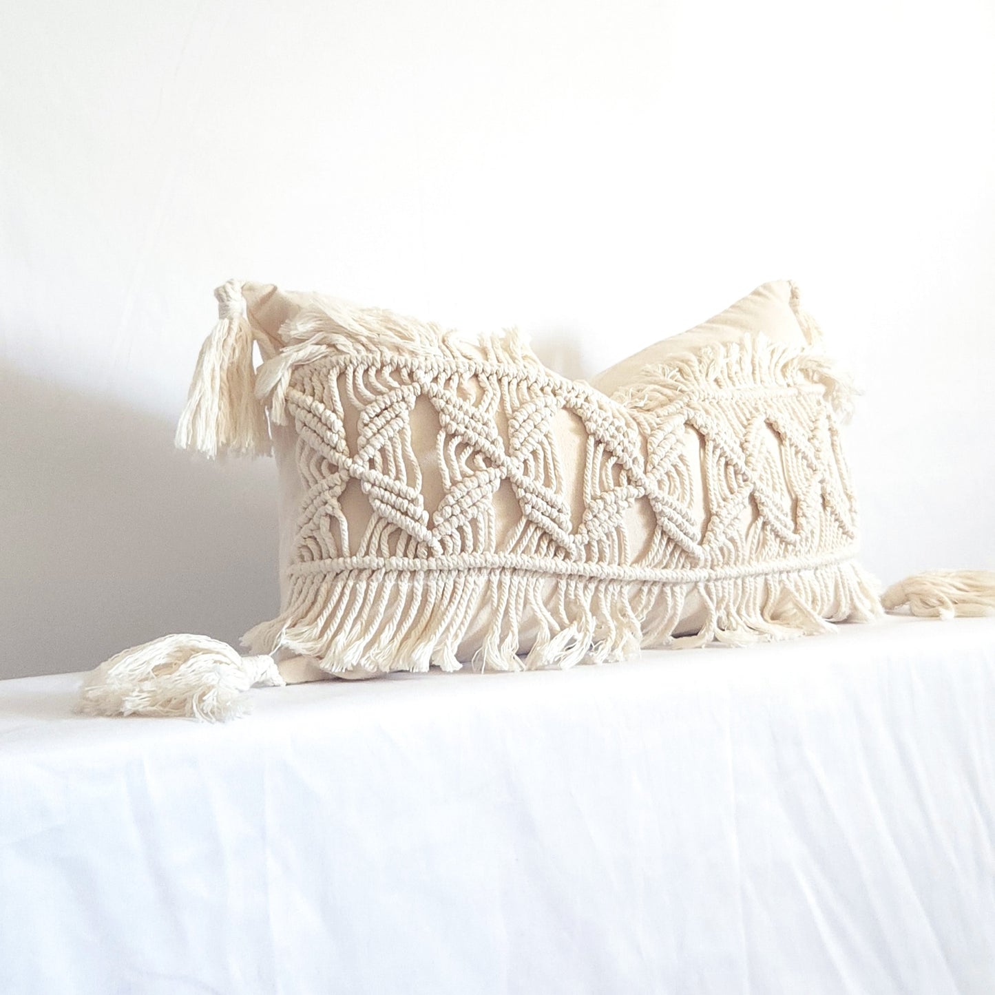 Zizi White Boho Pillow with Tassels, Macrame Pillow Cover Lumbar | Dusk & Bloom